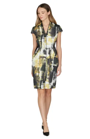 Abstract Stretch Jacquard High Neck Fitted Dress w/ Cap Sleeves