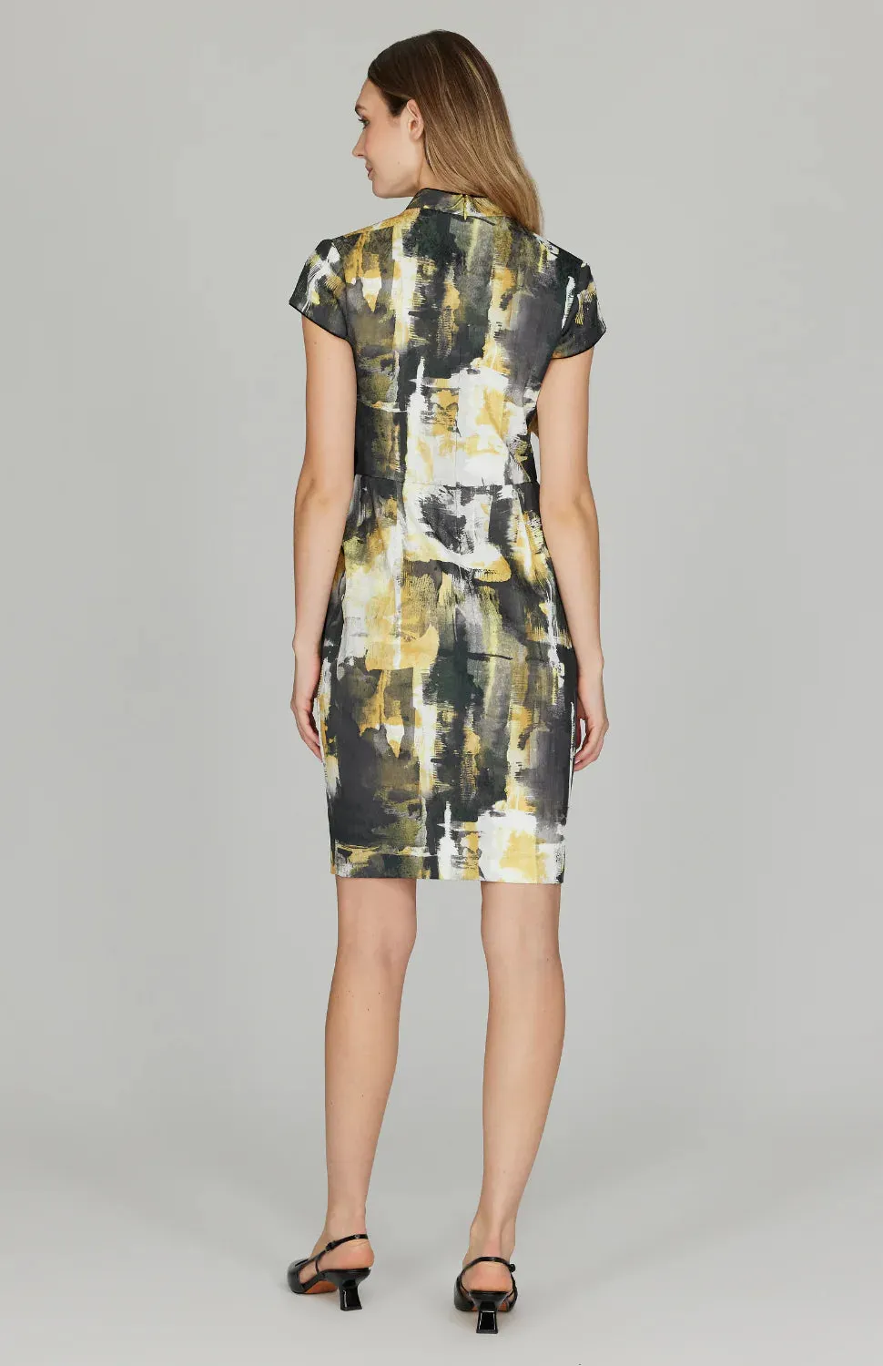 Abstract Stretch Jacquard High Neck Fitted Dress w/ Cap Sleeves