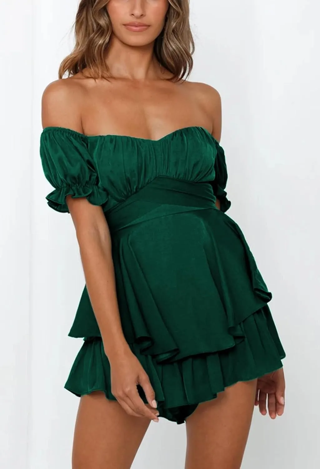 AOHITE Womens Summer Tube Top Dress Off-Shoulder Ruffled Flowy Mini Short Dresses