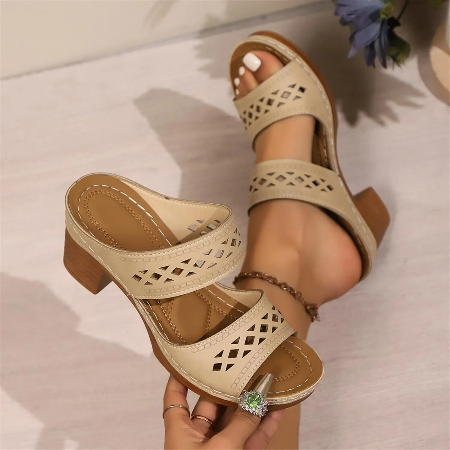 BILIKEYU Womens Wedge Platform Slides Open Toe Cutouts Double Straps Chunky Block Heel Thick Sole Slip on Summer Beach Sandal