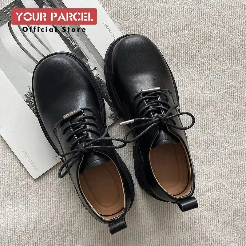 Black Big Head Leather Platform Derby Shoes for Work and Style