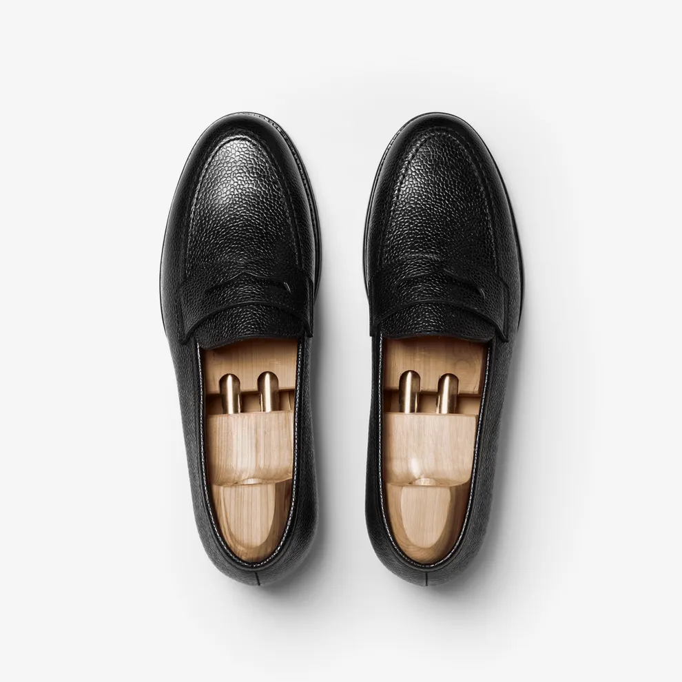 Black Leather Penny Loafers | Pebble Grain