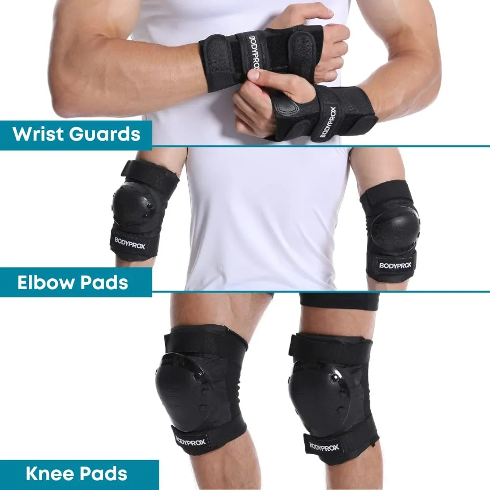 BODYPROX Knee Pads Elbow Pads Wrist Guards Set for Inline Skating, Skateboarding, Roller Derby, BMX Ride, and Rollerblading.