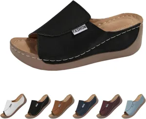 Comfortable Arch Support Slides Women's Solid Color Sandals Breathable Summer Orthotic Leather Platform Wedge Sandals Slip on Women All Day Walking Casual Sandal