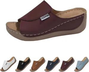 Comfortable Arch Support Slides Women's Solid Color Sandals Breathable Summer Orthotic Leather Platform Wedge Sandals Slip on Women All Day Walking Casual Sandal