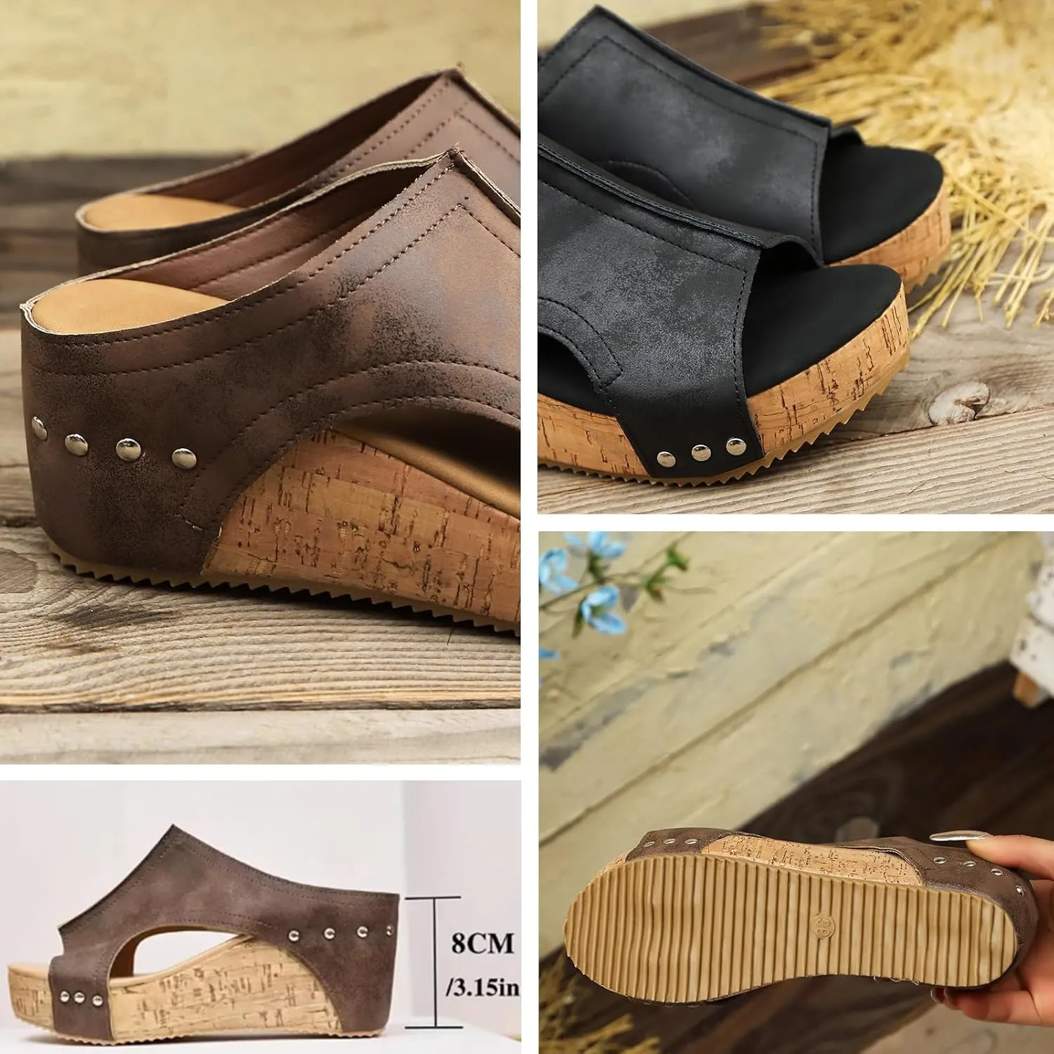Cork Wedges & Platform Slides, Women's Thick Sole Comfort Leather Non-Slip Wedge Heel Slip-On Sandals