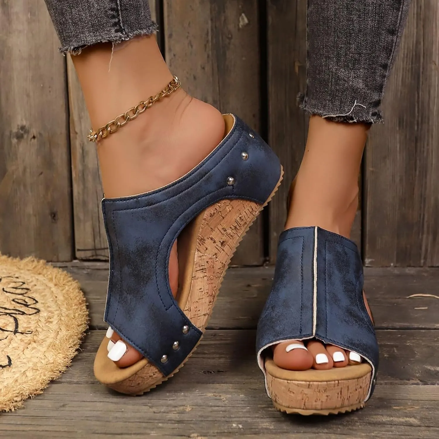 Cork Wedges & Platform Slides, Women's Thick Sole Comfort Leather Non-Slip Wedge Heel Slip-On Sandals