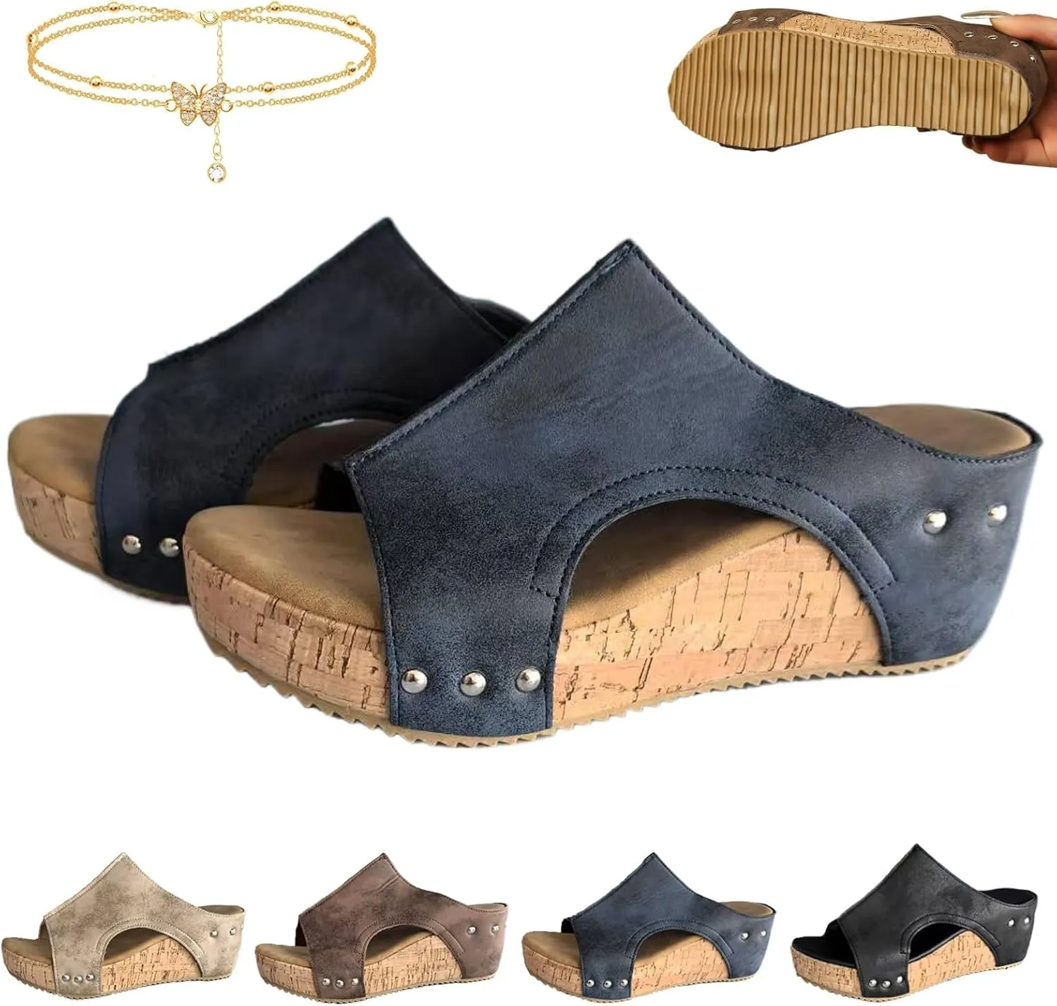 Cork Wedges & Platform Slides, Women's Thick Sole Comfort Leather Non-Slip Wedge Heel Slip-On Sandals