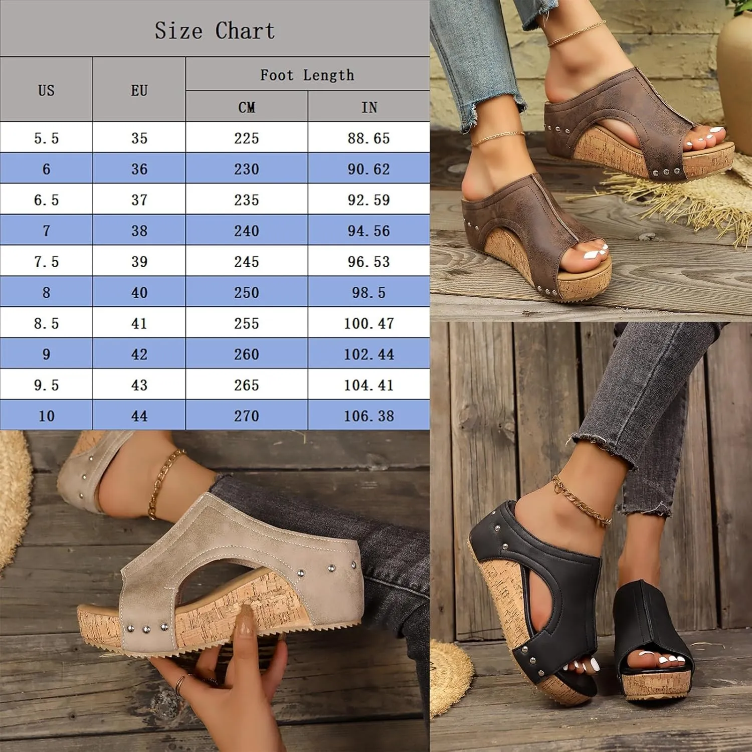 Cork Wedges & Platform Slides, Women's Thick Sole Comfort Leather Non-Slip Wedge Heel Slip-On Sandals