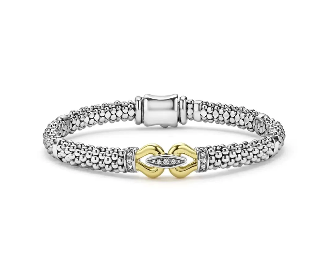 Derby 0.09Ct Diamond Caviar Buckle Bracelet in Sterling Silver and 18K Yellow Gold, Size 7