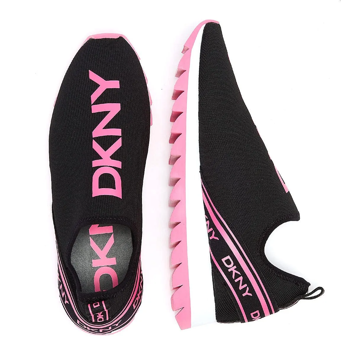 DKNY Women's Lightweight Slip on Fashion Sneaker, Black/NEON Pink Abbi, 6