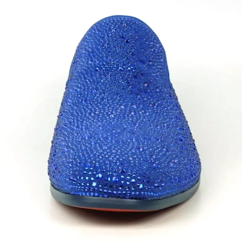 Fiesso FI-7525 Blue Suede Blue Rhinestones Slip on Loafers
