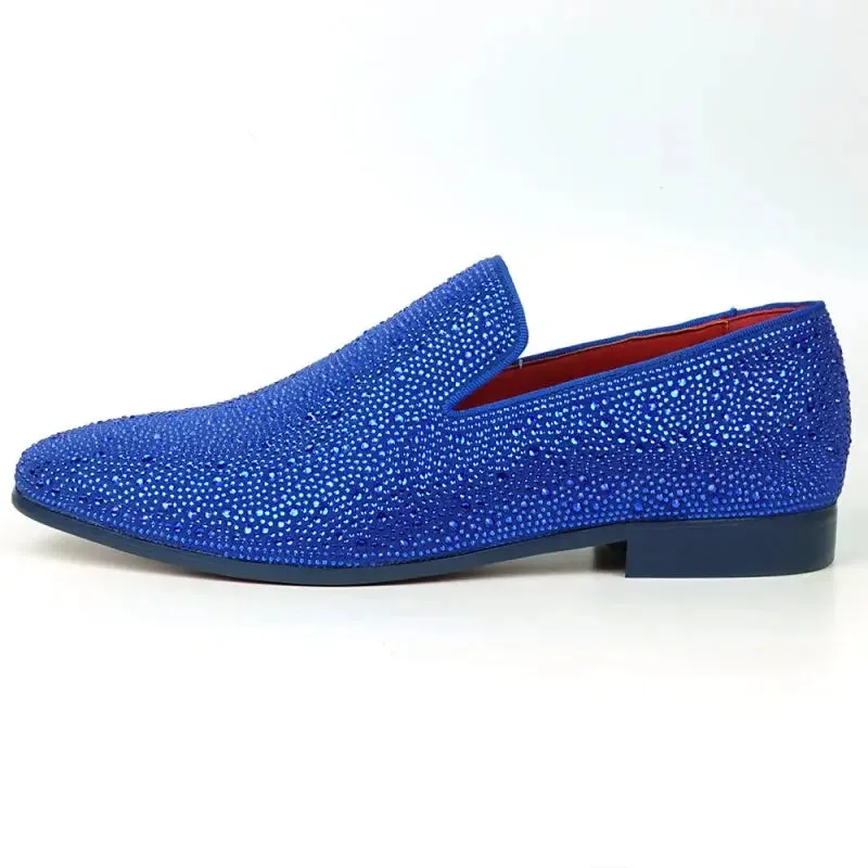 Fiesso FI-7525 Blue Suede Blue Rhinestones Slip on Loafers
