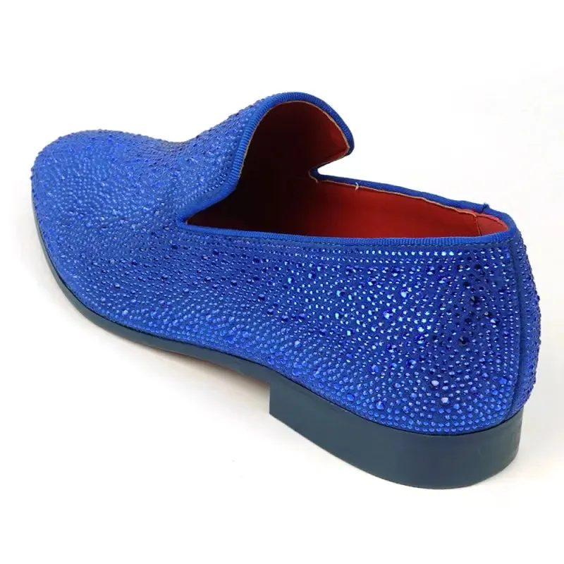 Fiesso FI-7525 Blue Suede Blue Rhinestones Slip on Loafers