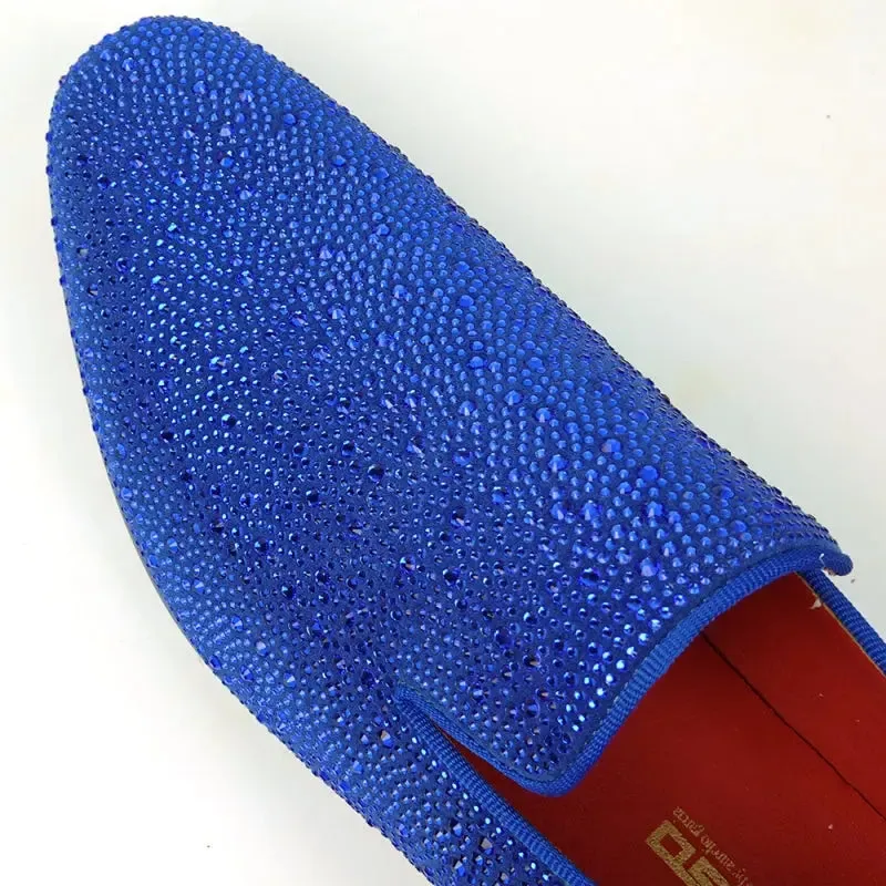 Fiesso FI-7525 Blue Suede Blue Rhinestones Slip on Loafers
