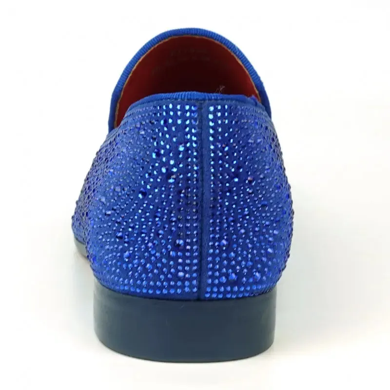 Fiesso FI-7525 Blue Suede Blue Rhinestones Slip on Loafers