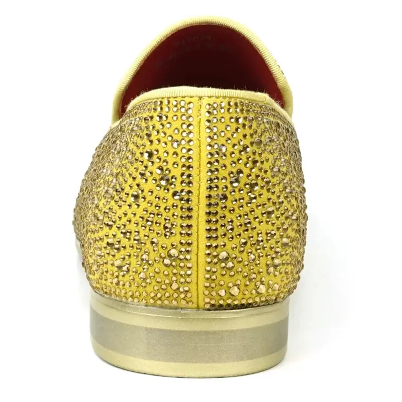 Fiesso FI-7525 Gold Suede Gold Rhinestones Slip on Loafers