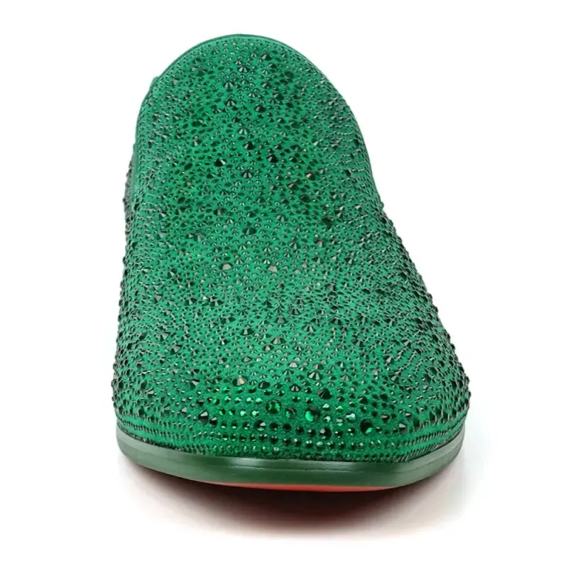 Fiesso FI-7525 Green Suede Green Rhinestones Slip on Loafers