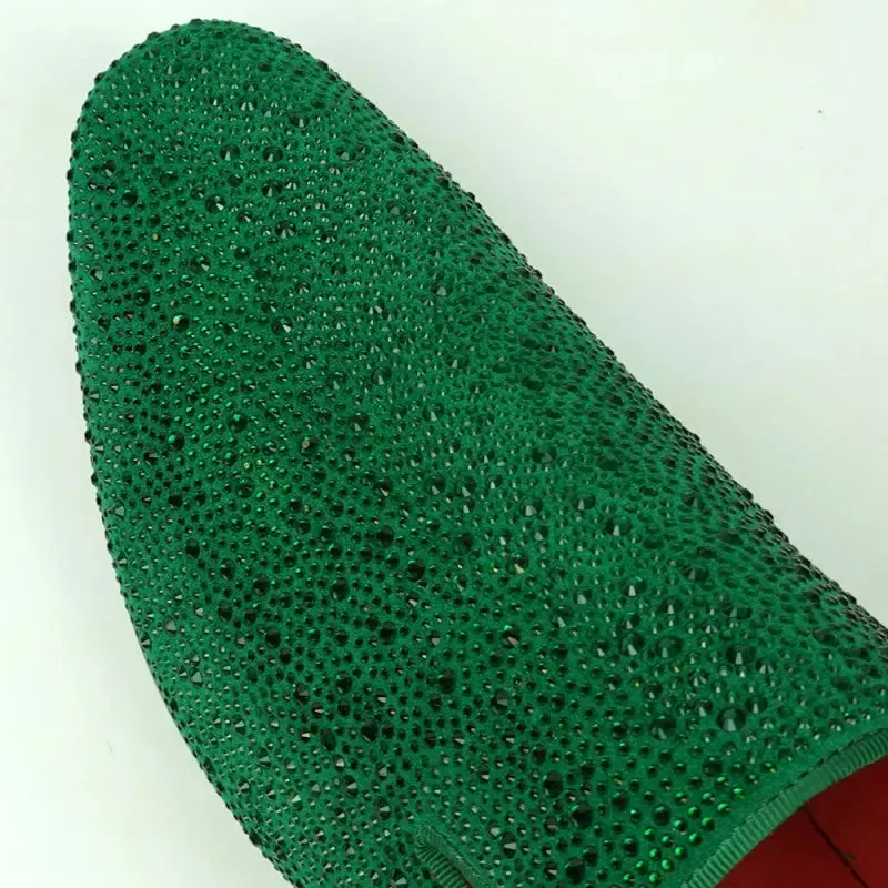 Fiesso FI-7525 Green Suede Green Rhinestones Slip on Loafers