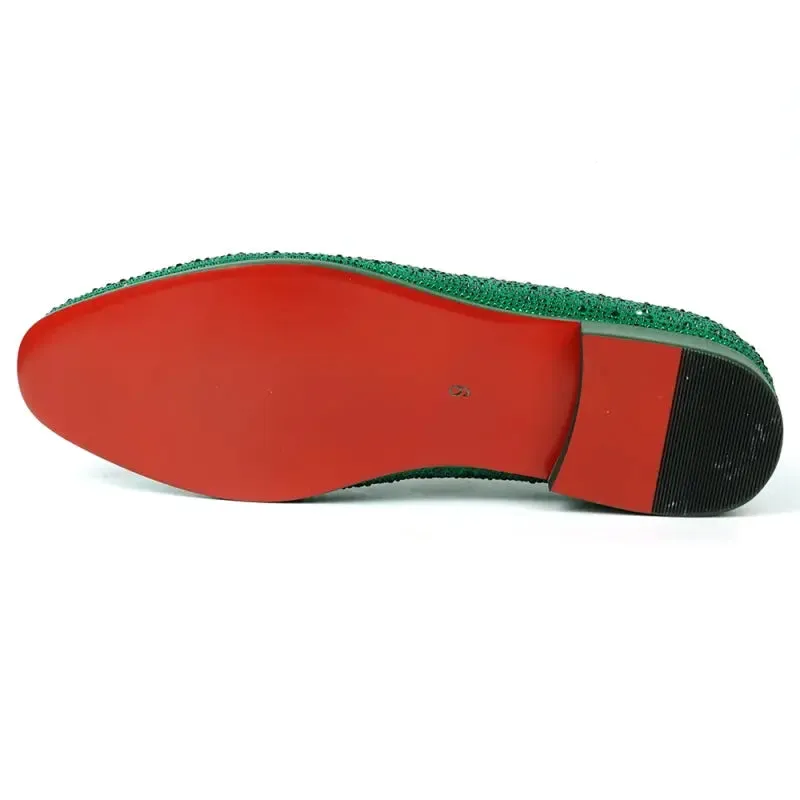 Fiesso FI-7525 Green Suede Green Rhinestones Slip on Loafers