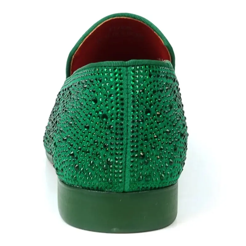 Fiesso FI-7525 Green Suede Green Rhinestones Slip on Loafers