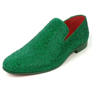 Fiesso FI-7525 Green Suede Green Rhinestones Slip on Loafers