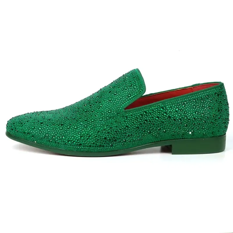 Fiesso FI-7525 Green Suede Green Rhinestones Slip on Loafers
