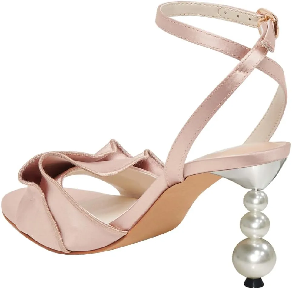 FSJ Women Cute Pearls Heeled Sandal Ankle Strap Beaded High Heel Open Toe Rippling Wedding Party Evening Dress Shoes Size 4-16 US