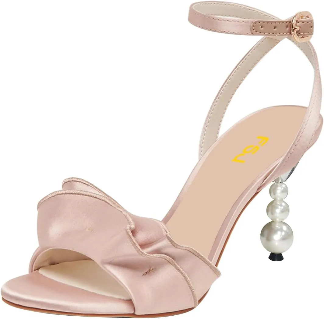 FSJ Women Cute Pearls Heeled Sandal Ankle Strap Beaded High Heel Open Toe Rippling Wedding Party Evening Dress Shoes Size 4-16 US