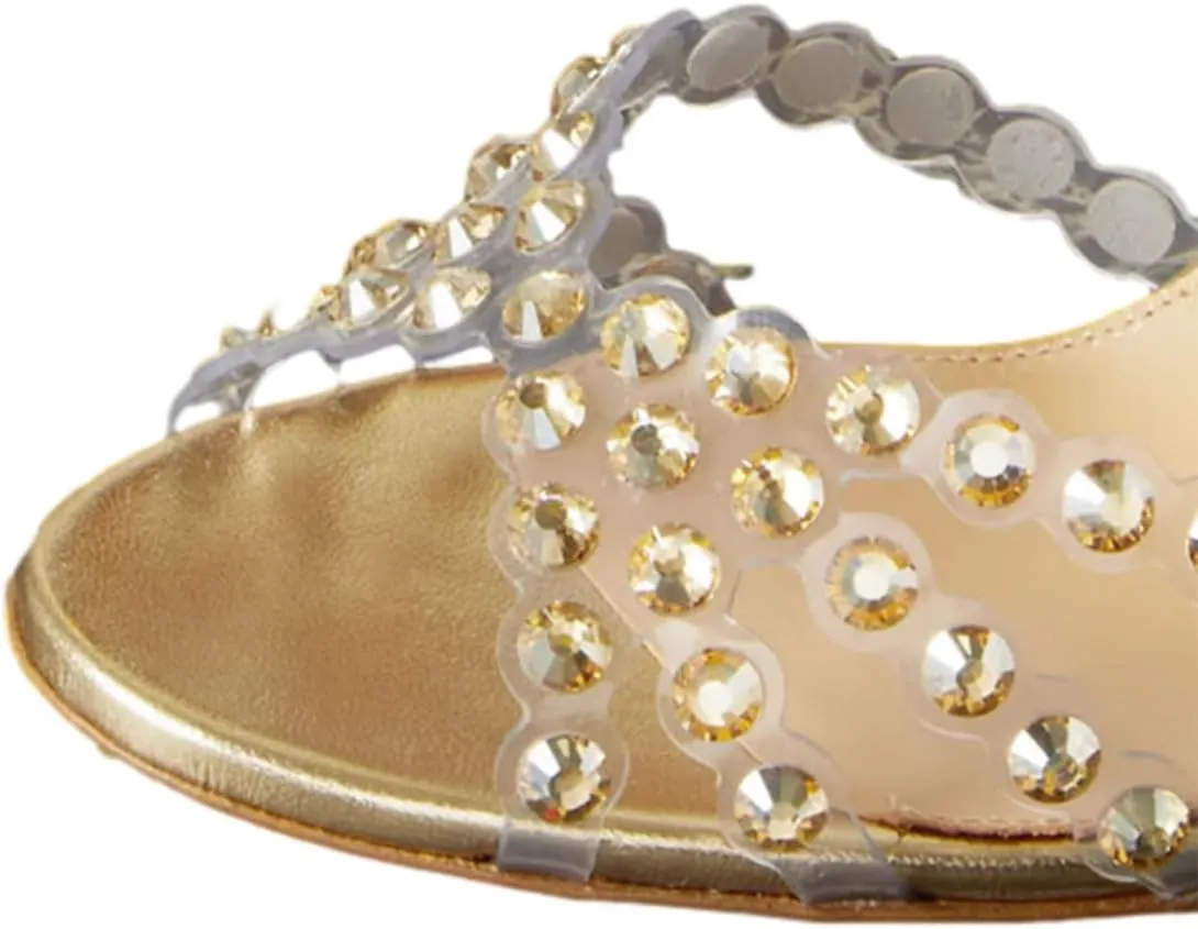 FSJ Women Jeweled High Heel Sandals Rhinestones Diamonds Chunky Block Heel Ankle Strap Buckle Open Toe Fashion Party Evening Wedding Dress Shoes Size 4-15 US