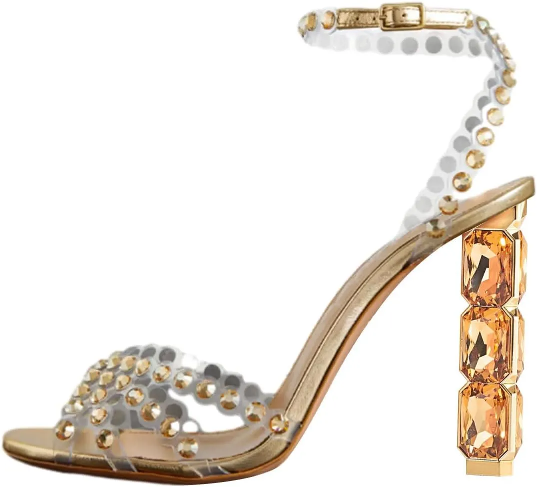FSJ Women Jeweled High Heel Sandals Rhinestones Diamonds Chunky Block Heel Ankle Strap Buckle Open Toe Fashion Party Evening Wedding Dress Shoes Size 4-15 US