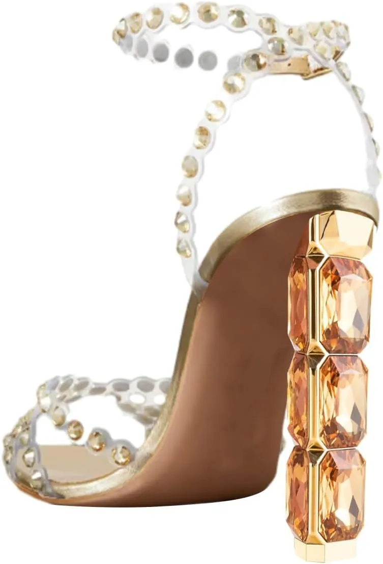 FSJ Women Jeweled High Heel Sandals Rhinestones Diamonds Chunky Block Heel Ankle Strap Buckle Open Toe Fashion Party Evening Wedding Dress Shoes Size 4-15 US