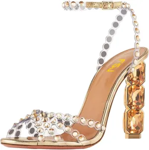 FSJ Women Jeweled High Heel Sandals Rhinestones Diamonds Chunky Block Heel Ankle Strap Buckle Open Toe Fashion Party Evening Wedding Dress Shoes Size 4-15 US