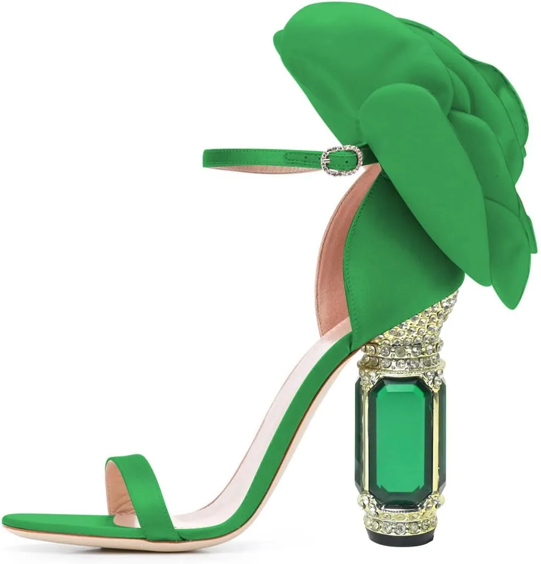 FSJ Women Open Toe Crystal Block Heels Sandals with Flower Bloom Back Ankle Strap Buckle Silk Satin Chunky Thick High Heels Wedding Party Pump Shoes Size 4-16 US