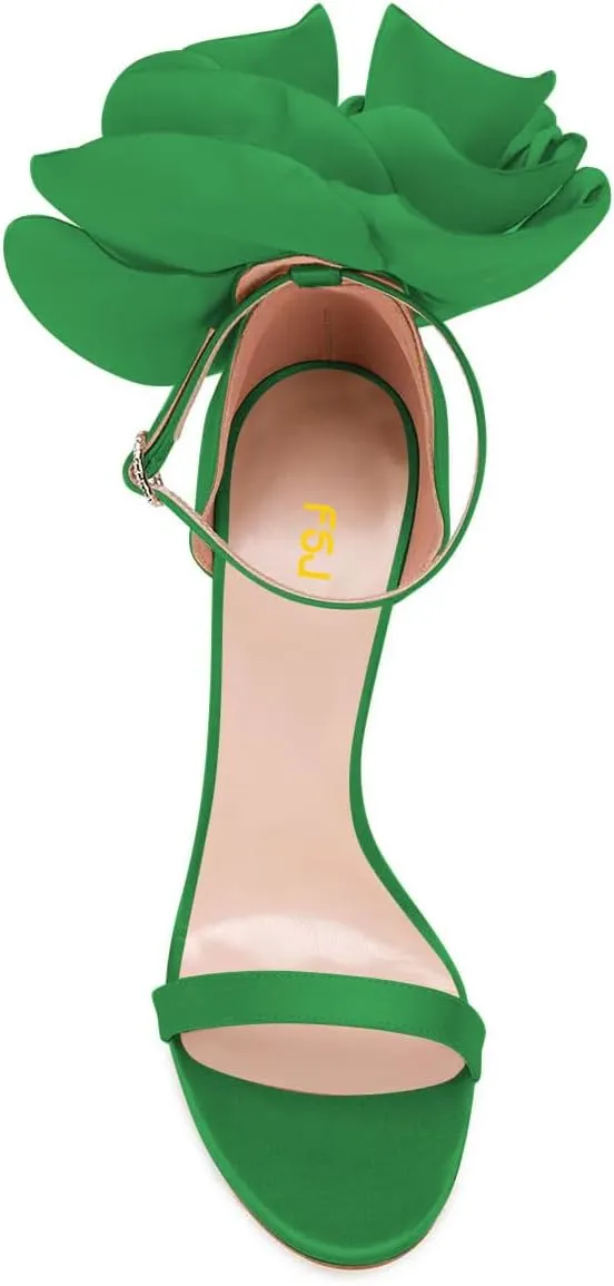 FSJ Women Open Toe Crystal Block Heels Sandals with Flower Bloom Back Ankle Strap Buckle Silk Satin Chunky Thick High Heels Wedding Party Pump Shoes Size 4-16 US