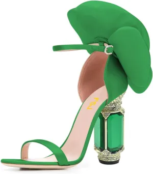 FSJ Women Open Toe Crystal Block Heels Sandals with Flower Bloom Back Ankle Strap Buckle Silk Satin Chunky Thick High Heels Wedding Party Pump Shoes Size 4-16 US
