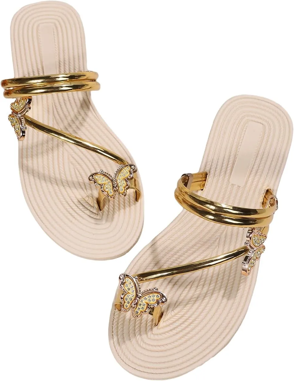 GORGLITTER Women's Butterfly Metallic Sandals Dressy Sparkly Rhinestone Strappy Toe Ring Slide Flats Sandal