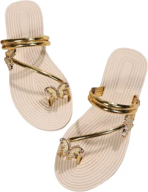 GORGLITTER Women's Butterfly Metallic Sandals Dressy Sparkly Rhinestone Strappy Toe Ring Slide Flats Sandal