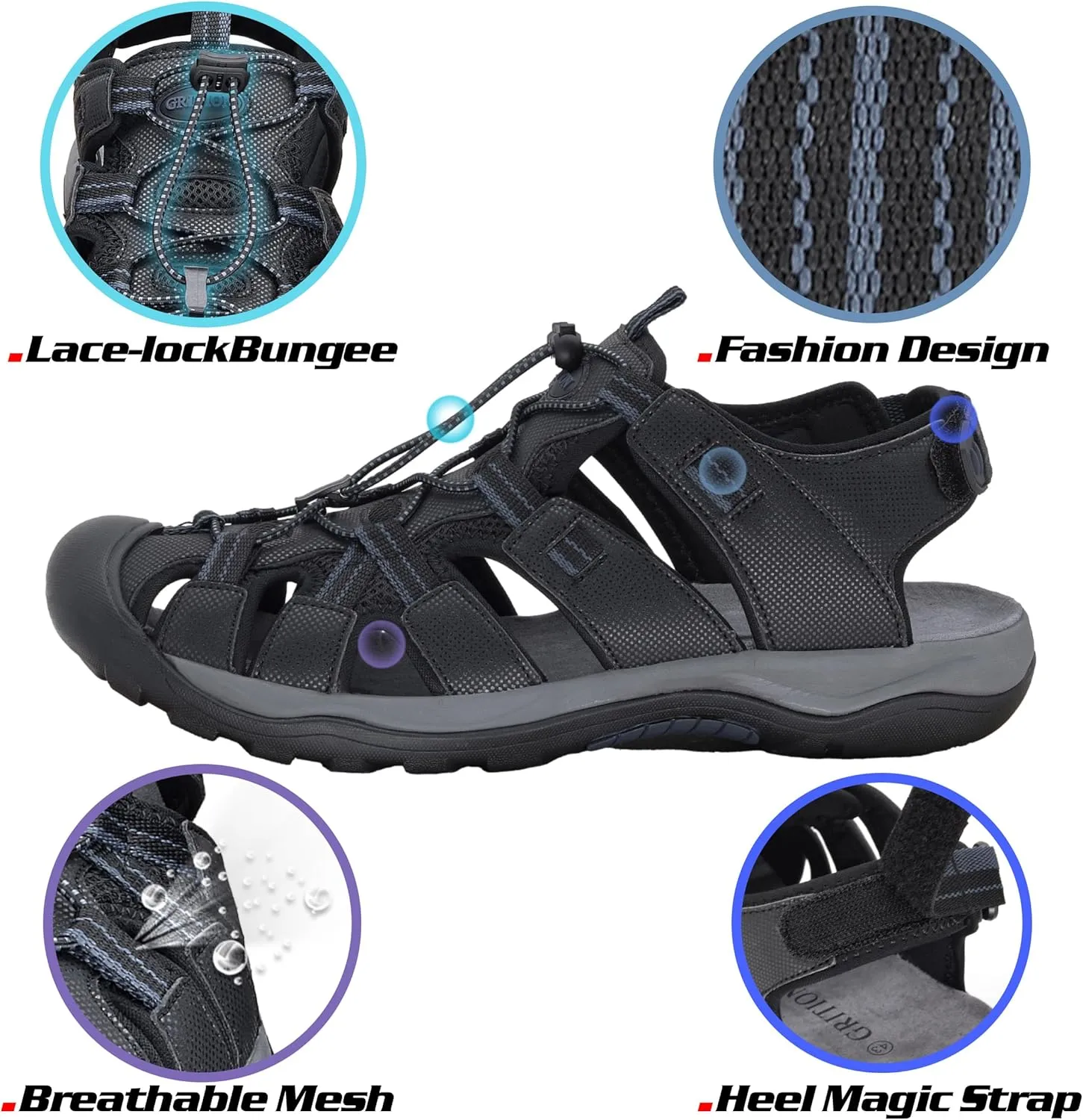 GRITION Mens Outdoor Hiking Sandals Summer Beach Closed Toe Water Sandal Waterproof Comfortable Fisherman Adventures Sport Athletic Walking Traveling Shoes Sandles