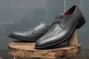 Handmade Gray Leather Derby Shoes for Men
