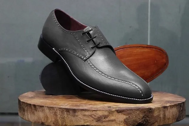 Handmade Gray Leather Derby Shoes for Men