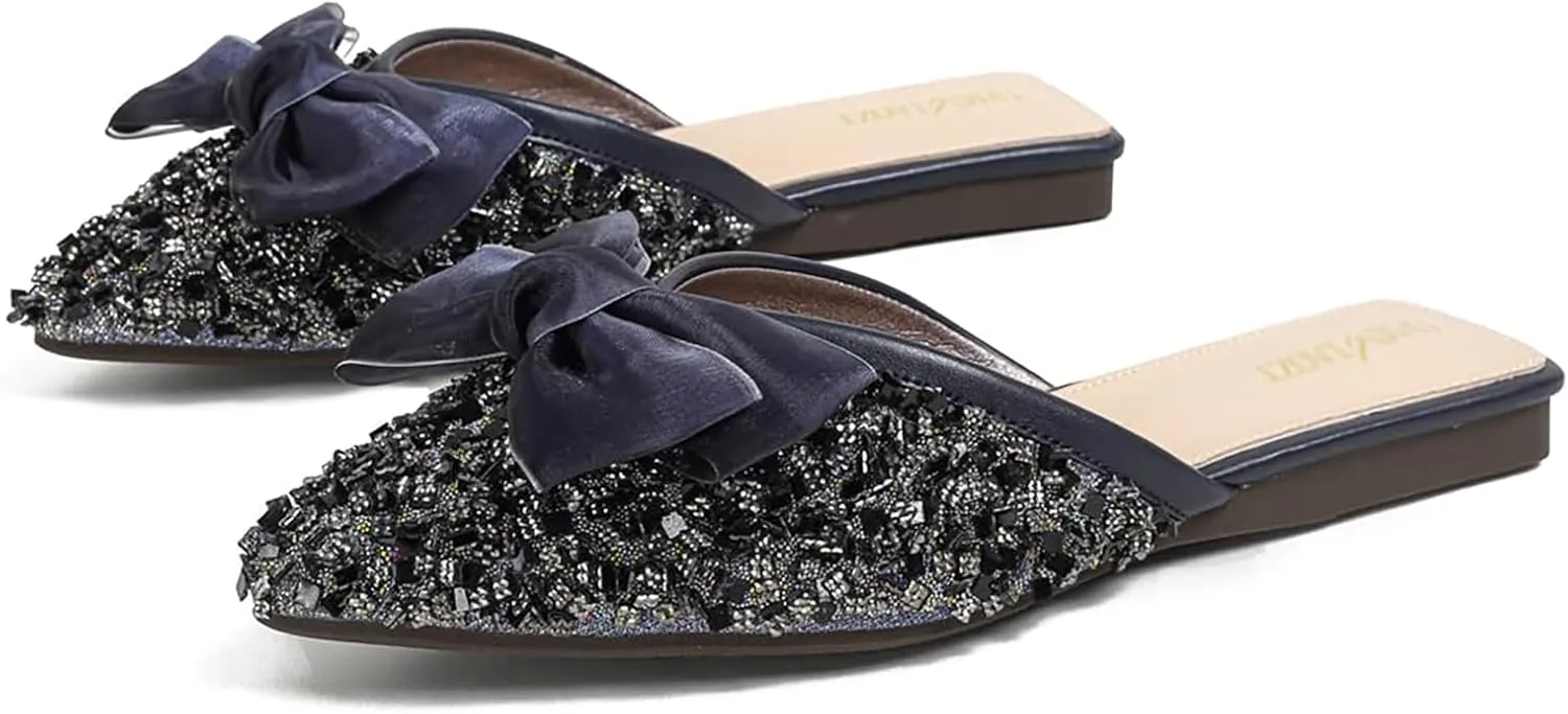 Helenbra Women's Rhinestone Bow Pointed Toe Flat Mules,Cute Bow Decorated Sparkling Sequins Comfortable Slip on Backless Lightweight Slides Casual Business Bridesmaid Wedding Party Mule Shoes