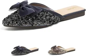 Helenbra Women's Rhinestone Bow Pointed Toe Flat Mules,Cute Bow Decorated Sparkling Sequins Comfortable Slip on Backless Lightweight Slides Casual Business Bridesmaid Wedding Party Mule Shoes
