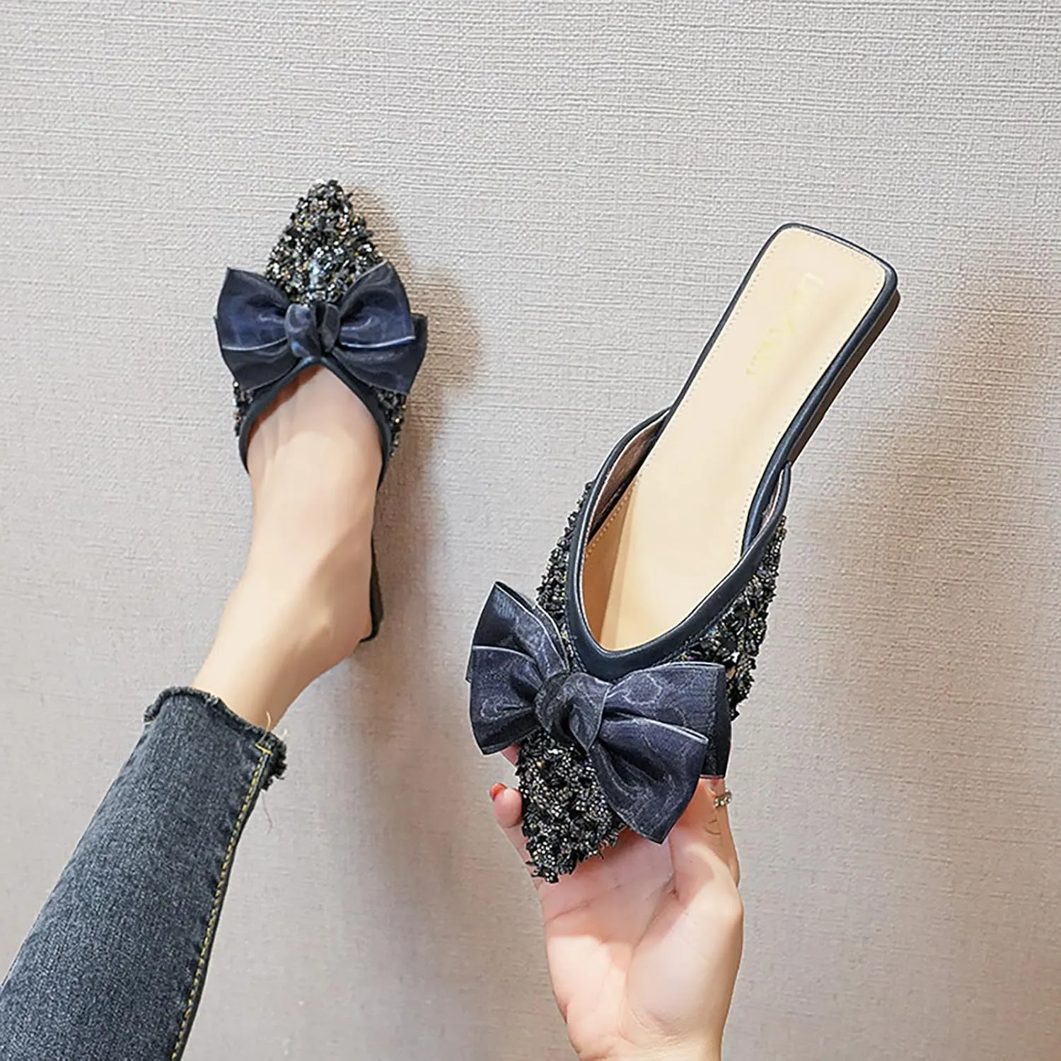 Helenbra Women's Rhinestone Bow Pointed Toe Flat Mules,Cute Bow Decorated Sparkling Sequins Comfortable Slip on Backless Lightweight Slides Casual Business Bridesmaid Wedding Party Mule Shoes