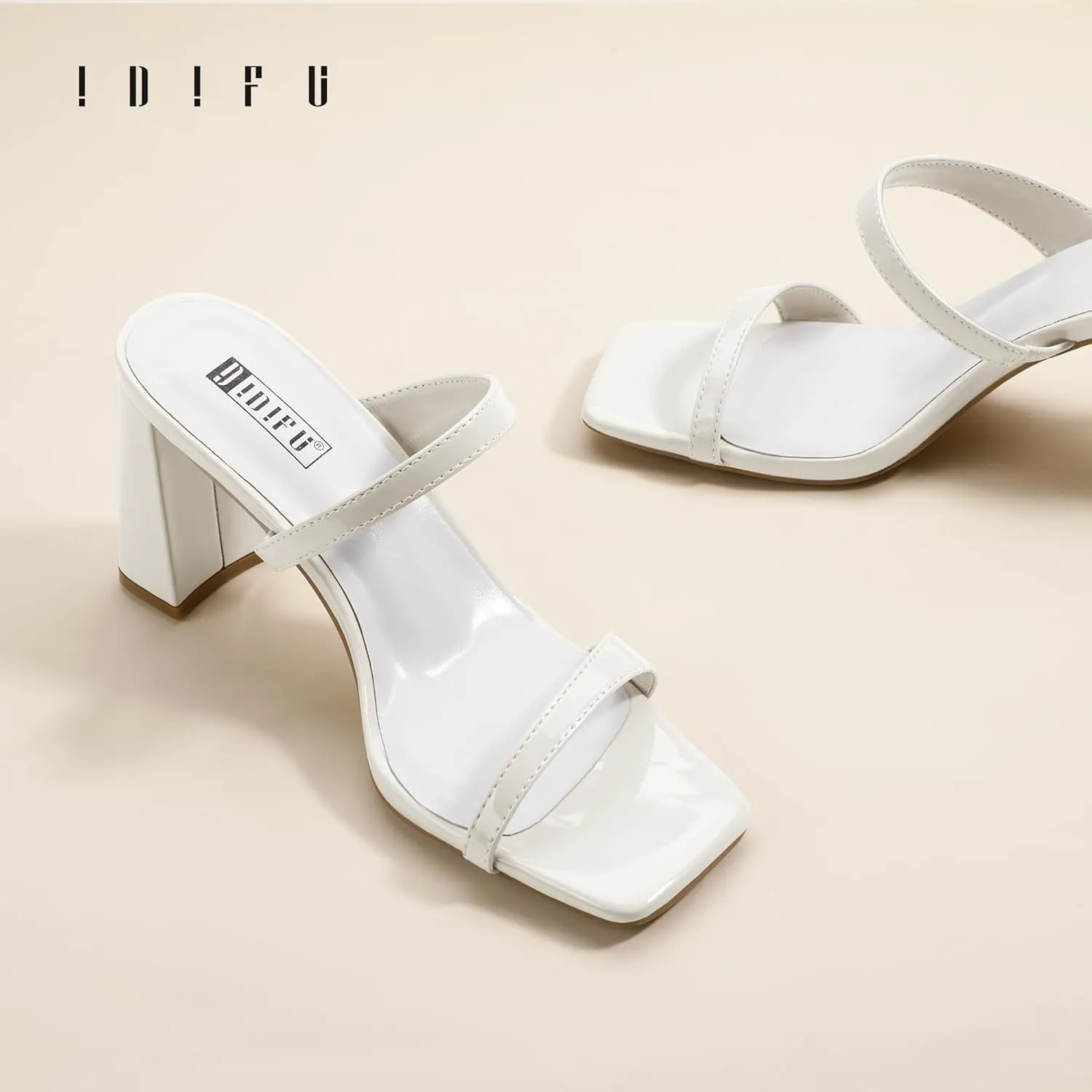 IDIFU IN3 Chunky Block Heels for Women Square Open Toe Heels Comfortable Sexy Summer Cute Trendy Slides Heeled Sandals Prom Wedding Party Dress Shoes for Women Two Strap Slip On Mules Low Short Heels