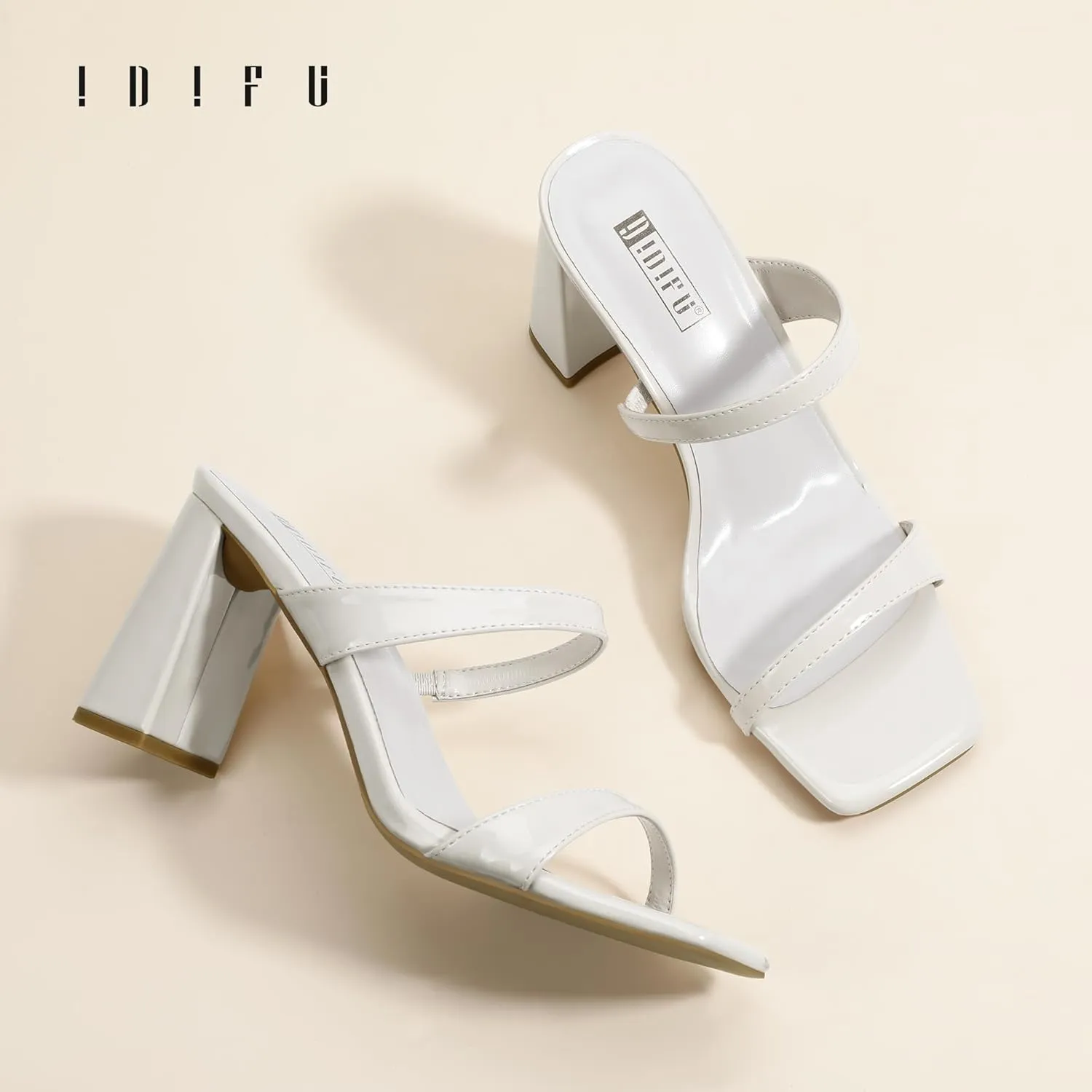 IDIFU IN3 Chunky Block Heels for Women Square Open Toe Heels Comfortable Sexy Summer Cute Trendy Slides Heeled Sandals Prom Wedding Party Dress Shoes for Women Two Strap Slip On Mules Low Short Heels