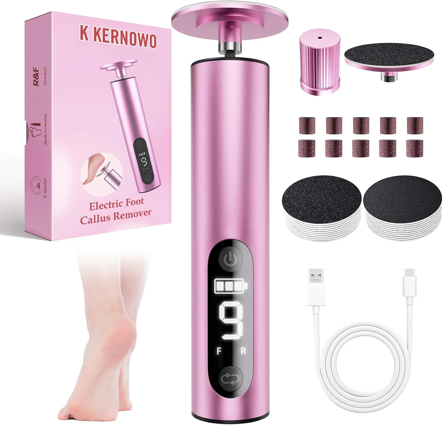 K KERNOWO Electric Foot Callus Remover, Callus Remover for Feet, Foot File Pedicure Tool, Rechargeable Cordless Powerful Foot Scrubber Filer Dead Skin Remover, 9 Speeds Adjustable Foot Sander