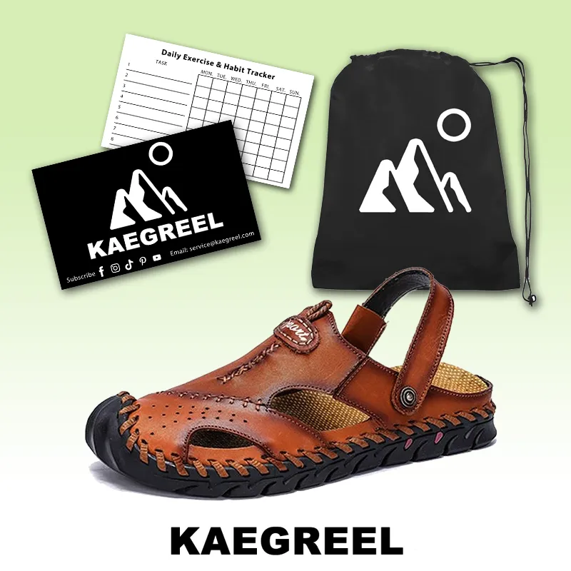 Kaegreel Men's Hand Stitching Leather Non Slip Outdoor Casual Beach Sandals