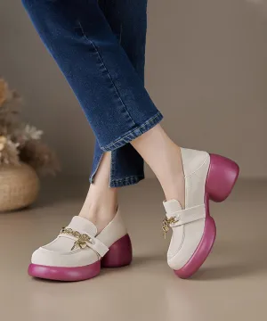 Leather Loafer Platform Cowhide Splicing Shoes Beige