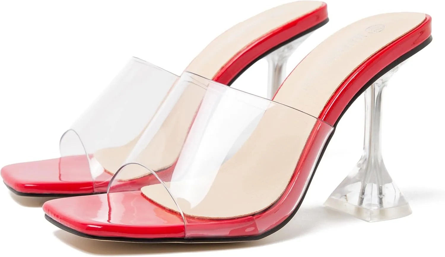 MAIERNISI JESSI Women's Clear Heels Sandals Square Toe High Stiletto Mules Slip on Wedding Dress Heel